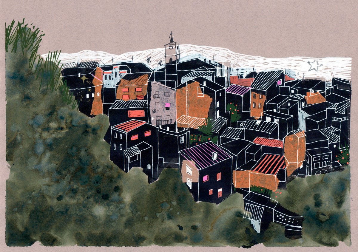 Graphic Cityscapes Painting By Anastasia Mamoshina, 16 X 12, Alhambra, Granada, Spain, Original Artwork