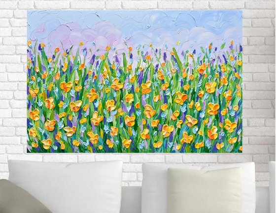 Yellow Flowers Meadow - Heavy Impasto Landscape Painting, Textured Knife Floral Art