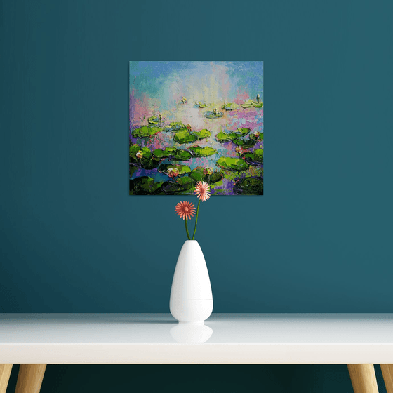 Water lilies at sunset - painting original oil, canvas