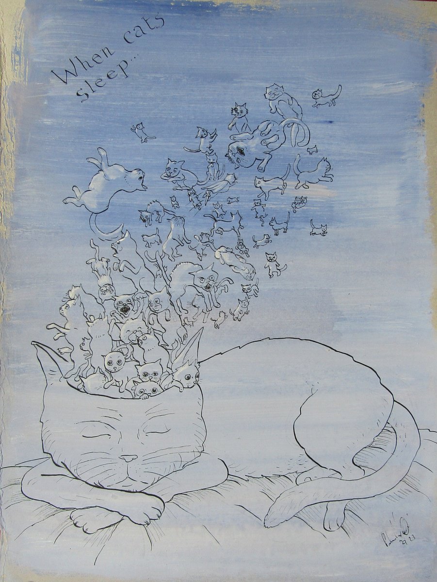 Cartoon Animal Ink Drawing By Paolo Beneforti, 10 X 13", When Cats Sleep, Original Artwork