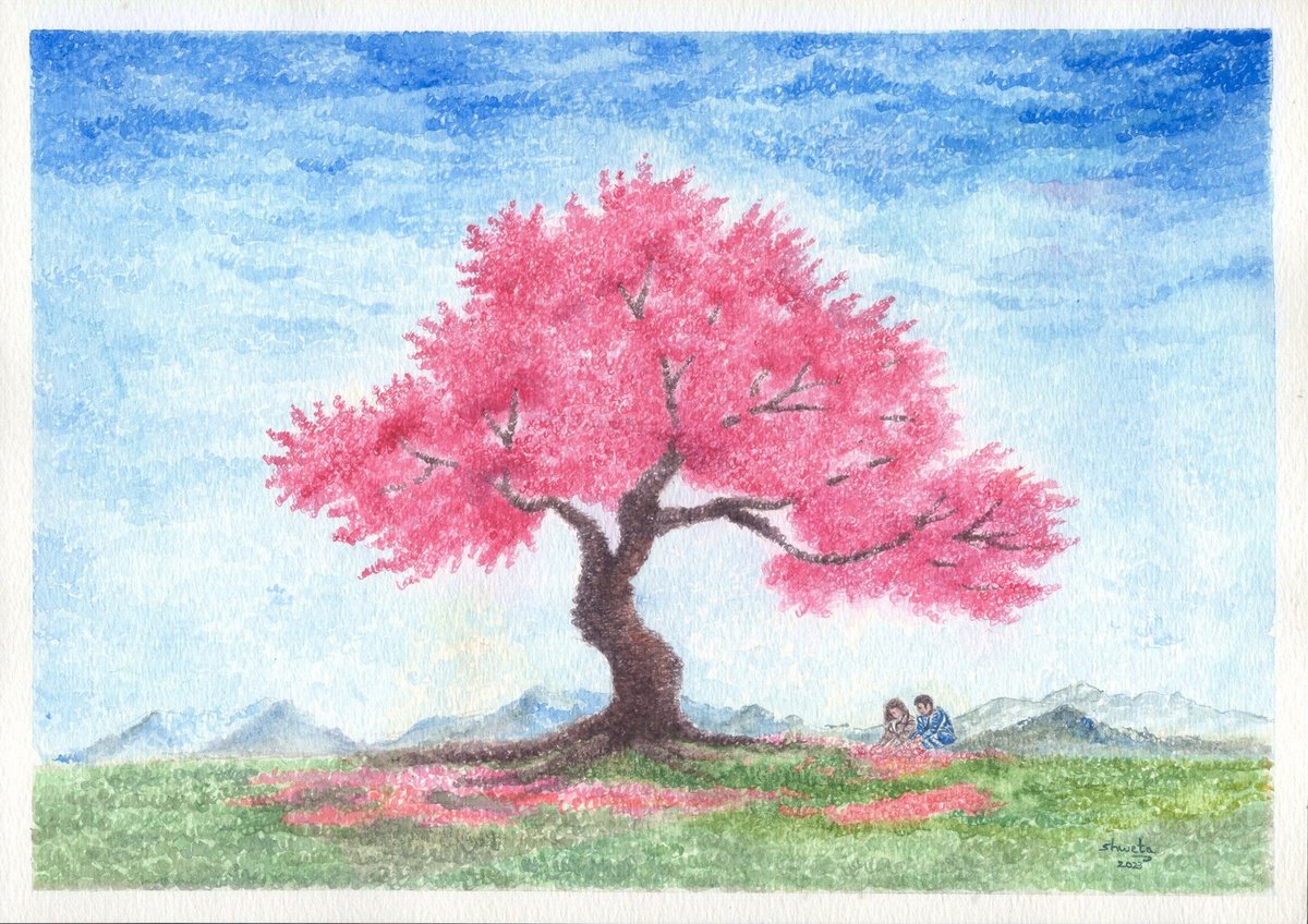 Impressionistic Landscape Watercolour By Shweta Mahajan, 12 X 8", Japanese Sakura Tree, Original Artwork