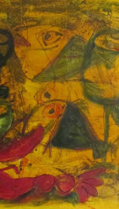 fishes, lobster and bottles xxl-Painting 37,5 x 51,2 inch by Sonja Zeltner-Müller