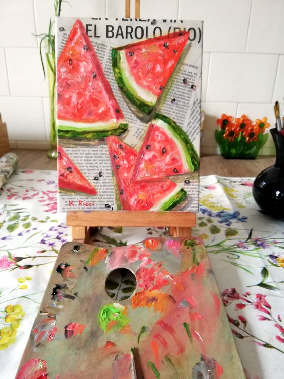 "Watermelon Slices on Newspaper" Original Oil on Canvas Board Painting 7 by 10 inches (18x24 cm)