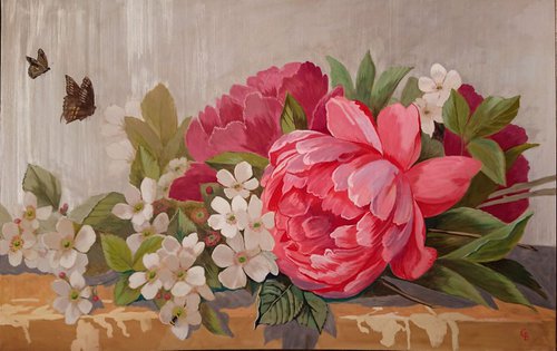 Apple Blossoms and Peonies Large Flower Painting by Caridad I. Barragan