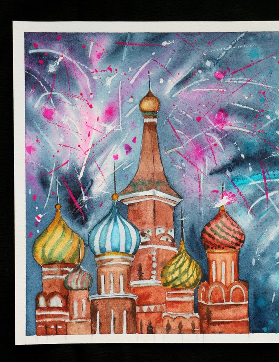 Festive fireworks in Moscow. New year's night. Original watercolor artwork.