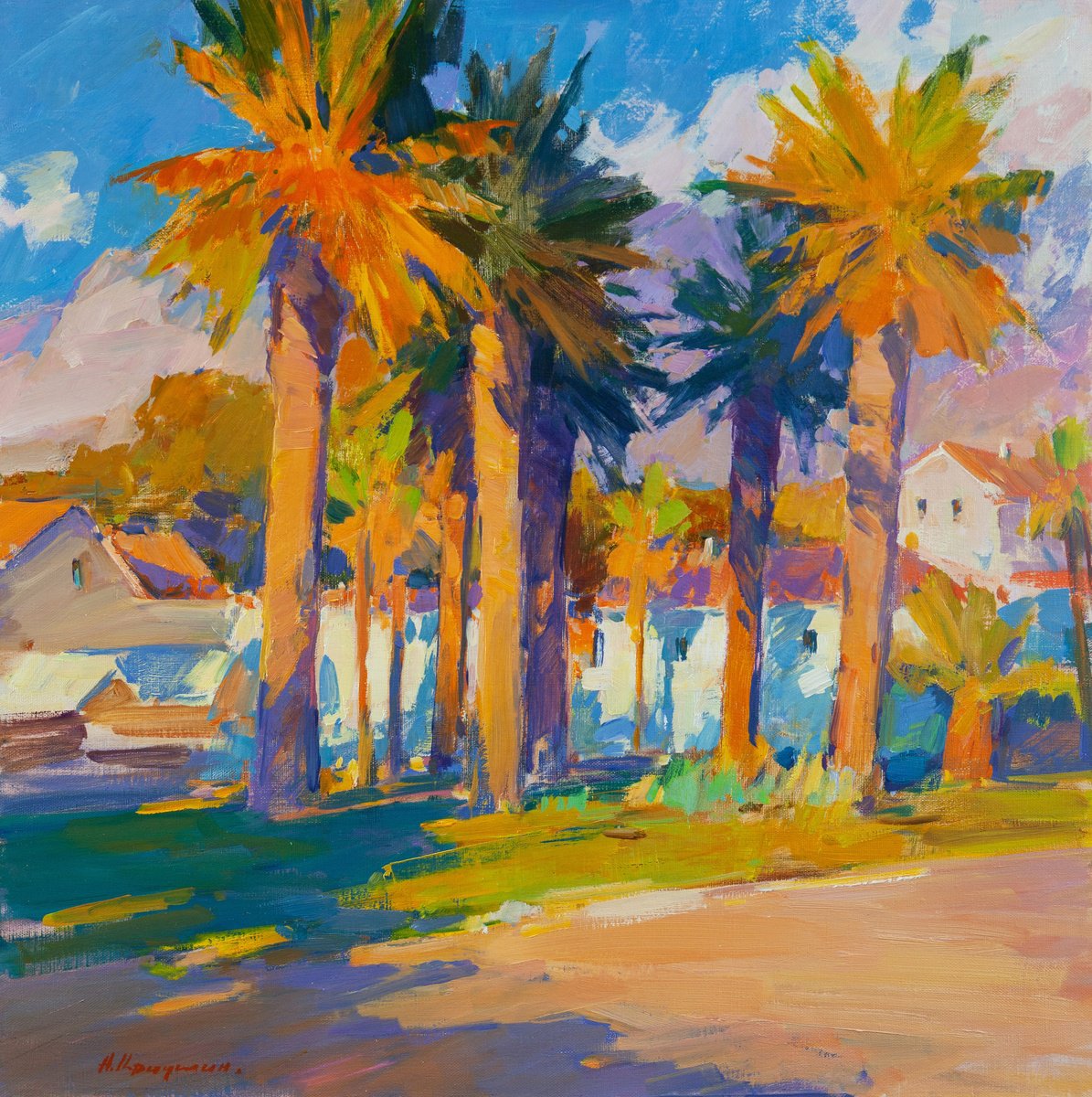 Impressionistic Landscape Oil Painting By Aleksandr Kryushyn, 24 X 24, Palm Trees. Makarska Riviera, Original Artwork