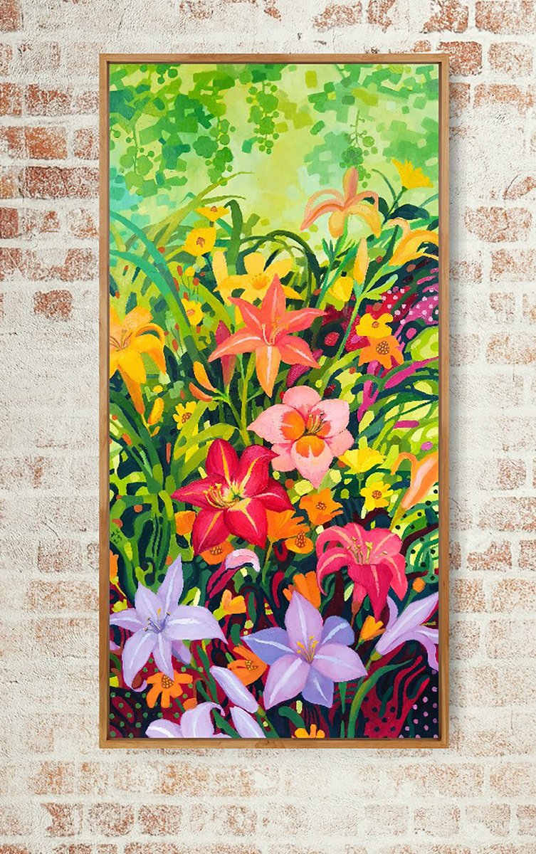 Impressionistic Botanical Oil Painting By Margot Raven, 15 X 31", Lilies, Original Artwork
