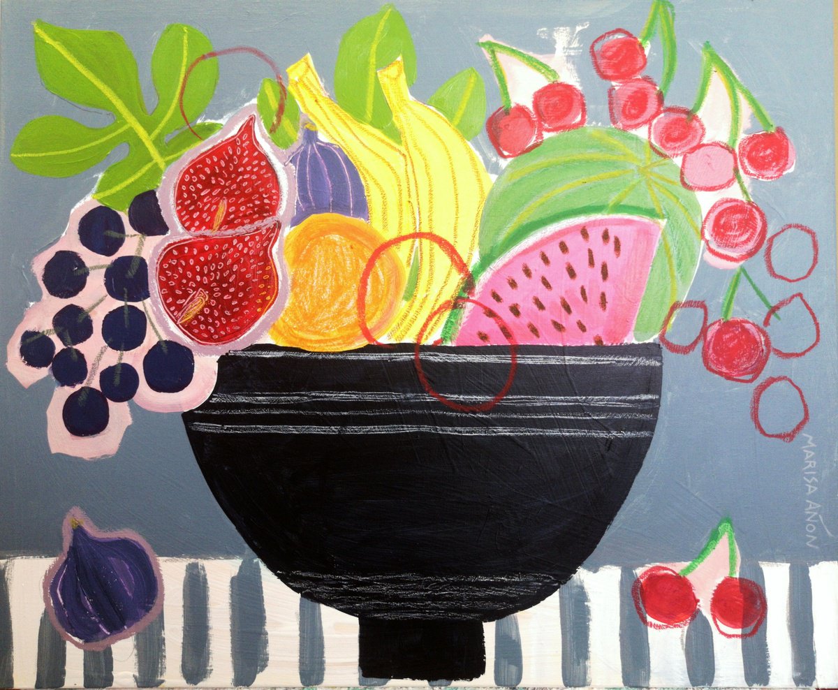 Impressionistic Still Life Painting By Marisa Anon, 24 X 20", Fruits Bowl Ii, Original Artwork