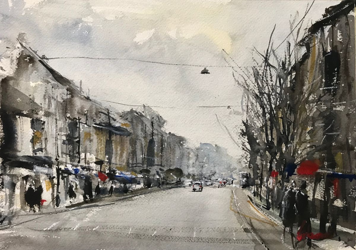 Impressionistic Cityscapes Watercolour By Tihomir Cirkvencic, 13 X 9", Early Spring In The City, Original Artwork