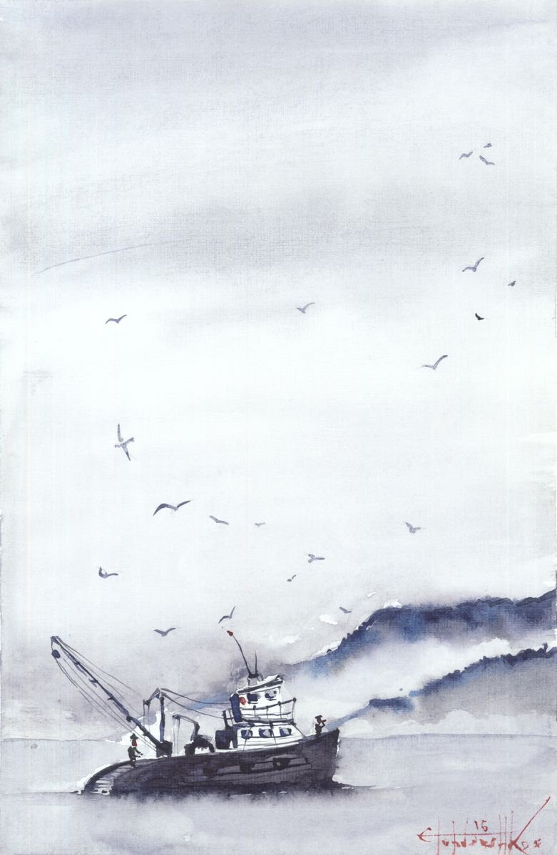 Impressionistic Landscape Watercolour By Eugene Gorbachenko, 9 X 15, Fishing Boat, Original Artwork