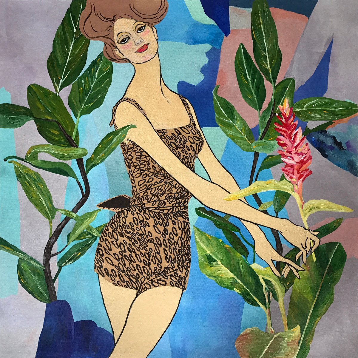 Illustrative Botanical Acrylic Painting By Artemisia, 33 X 33, Tropical Dance, Original Artwork