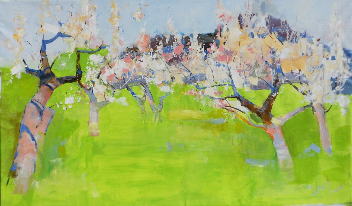 Impressionistic Landscape Oil Painting By Yehor Dulin, 79 X 47", " Spring Garden ", Original Artwork