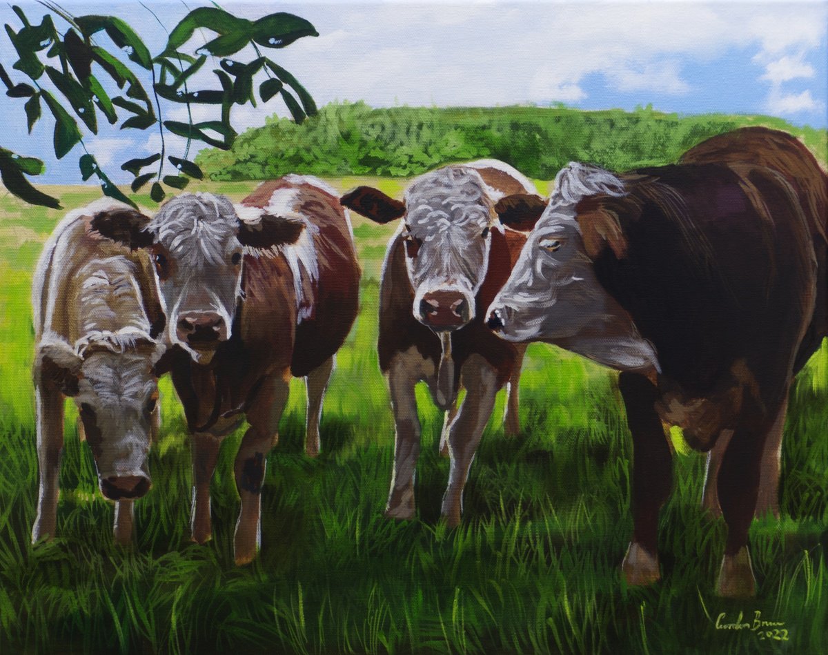 Photorealistic Animal Oil Painting By Gordon Bruce, 20 X 16, Four Cows, Original Artwork