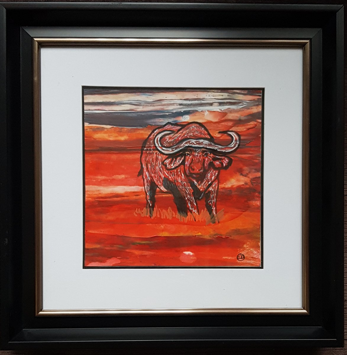 Impressionistic Animal Acrylic Painting By Els Driesen, 14 X 14, Buffalo At Sunset, Original Artwork