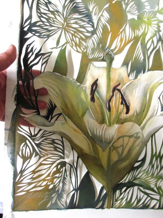 spring green tulip watercolor with paper cut