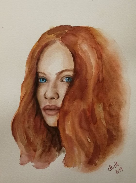 Red hair girl - original watercolor portrait