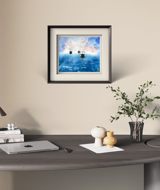 Seascape 3 yachts and seagulls