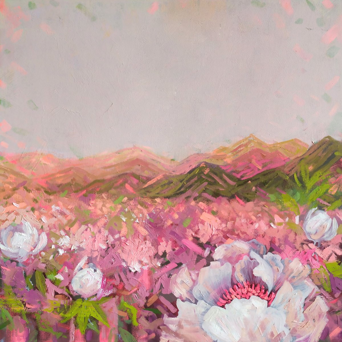 Scintillation - abstract floral landscape, peony pink green by Ekaterina Prisich