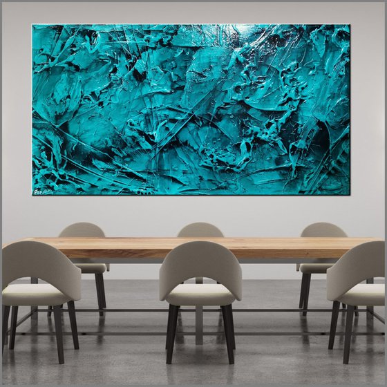 Aquatic Resonance 190cm x 100cm Teal Ink Textured Abstract Art