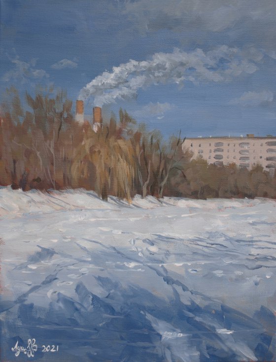 EARLY MARCH – original painting snow pond city cold palette impressionistic style