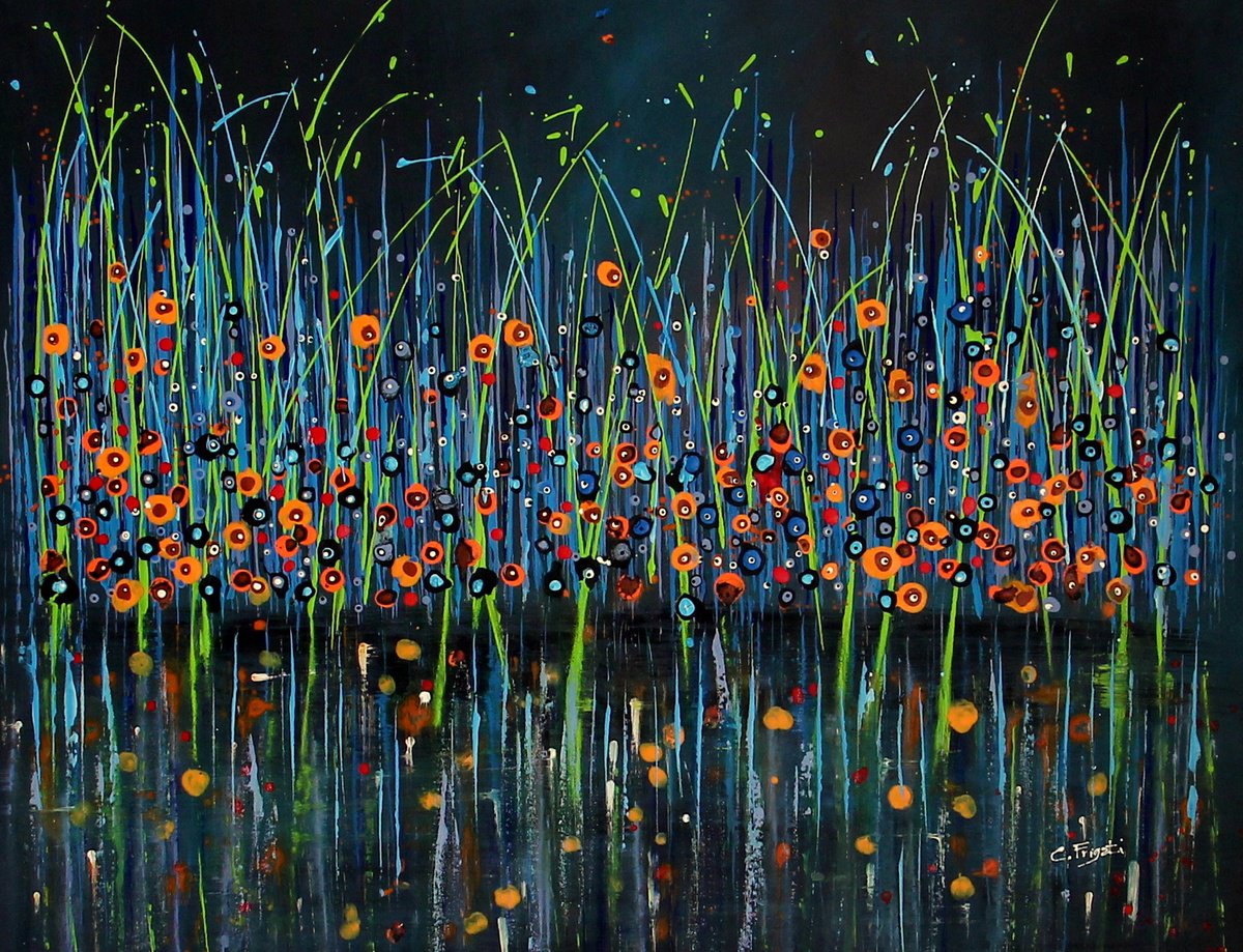 Organic Botanical Acrylic Painting By Cecilia Frigati, 41 X 32, Technicolor Dream #37, Original Artwork