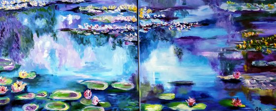 Water Lilies  184 x 76 x 2 cm inspired by Claude Monet  water reflections, diptych turquoise  purple, turquoise, blue sky