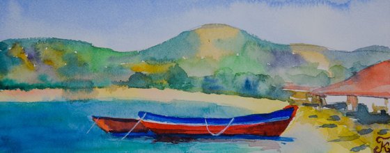 Boats on the sea small watercolor painting, summer sunny beach in Greece