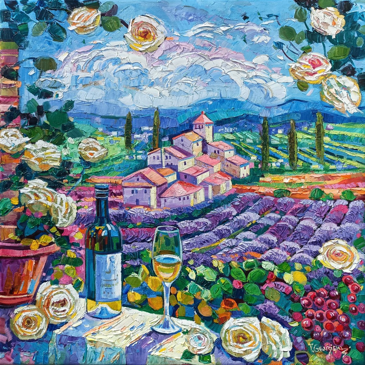 Impressionistic Landscape Oil Painting By Vanya Georgieva, 35 X 35", Lavender Fields In Provence, Original Artwork