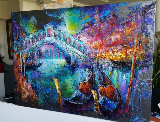 Painting Original " Venice -  Evening bridge Rialto " cityscape, oil, impasto