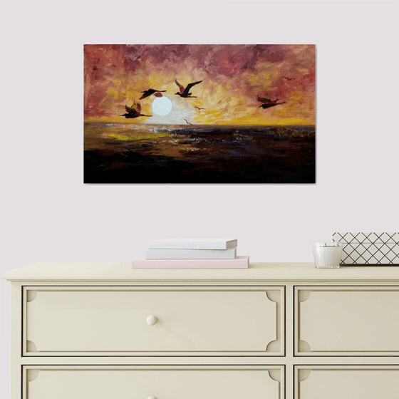 African herons at sunset - African sunset for interior in ethnic style
