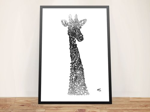 Giraffe, Black and White, Framed Artwork, 16 x20 inches, by Jeff Kaguri