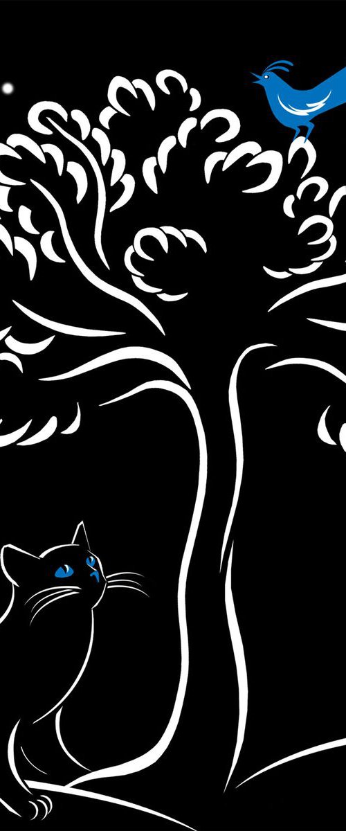 Cat, Tree and Bird by Moonlight. Variable edition print (Blue and white) by Phyllis Mahon