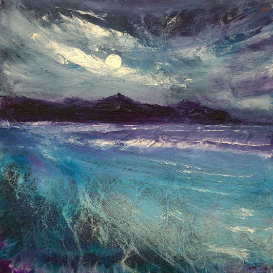 Moon over Reiss beach, Scotland semi abstract coastal seascape scene, framed painting