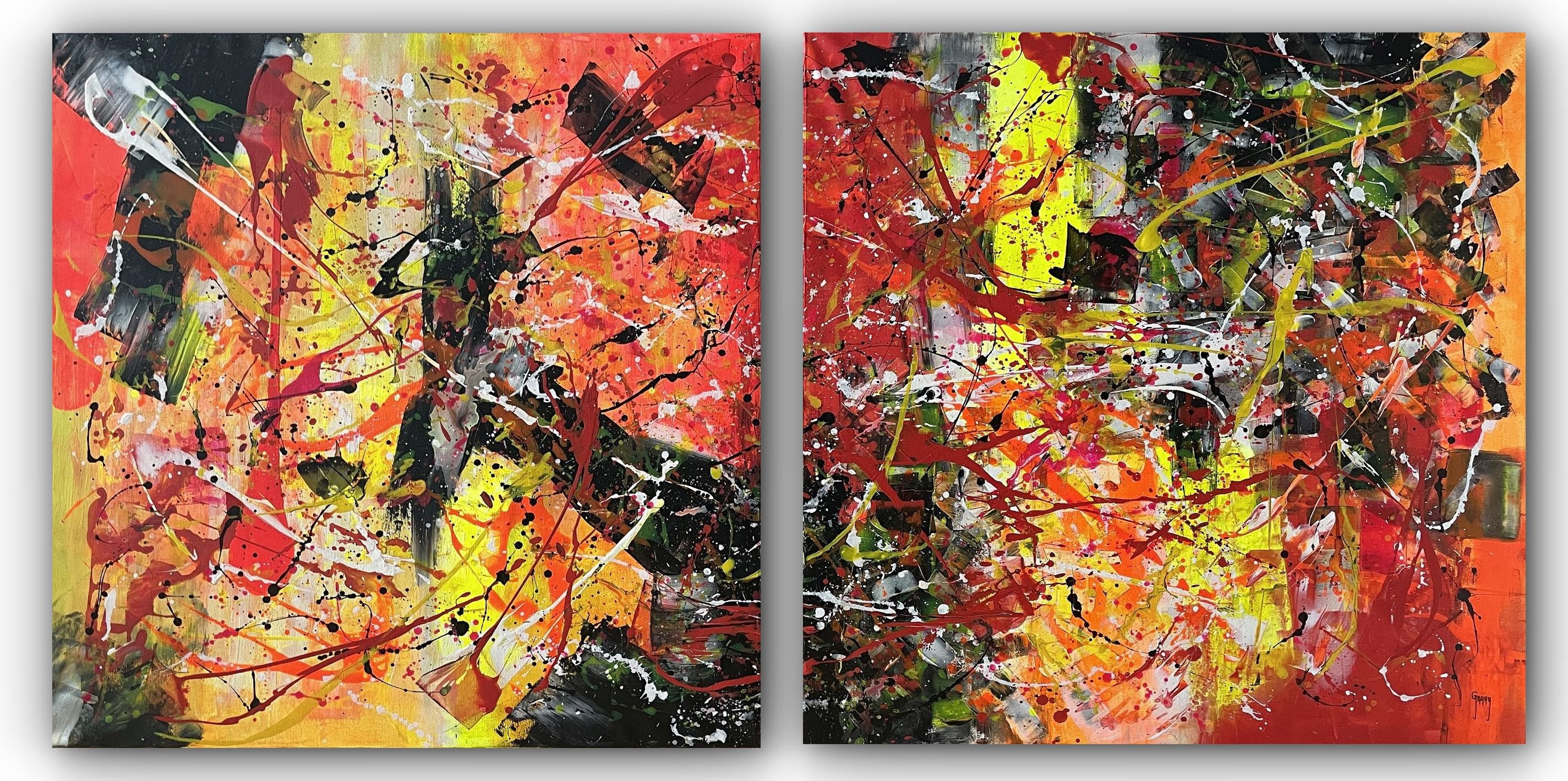 Abstract Acrylic Painting By Juan Jose Garay, 79 X 39", Diptych-Fire In The Dark, Original Artwork