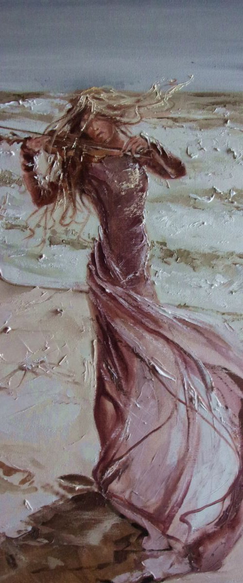 " MELODY OF THE WIND ... "- SKY SEA SAND liGHt  ORIGINAL OIL PAINTING, GIFT, PALETTE KNIFE by Monika Luniak