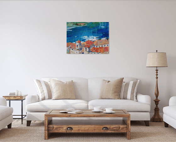 Roofs . 60x80 cm. Panorama view of the ancient town of Kotor . Italian architecture