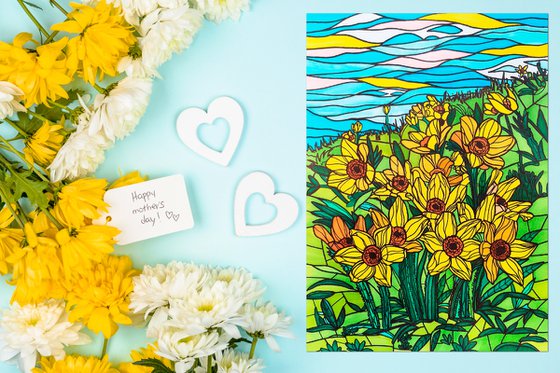 Yellow daffodils flowers field - colorful floral art in stained glass style