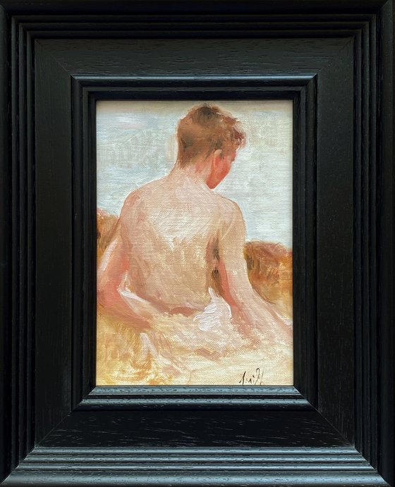 Impressionist style Male nude figure oil painting, with wooden frame.