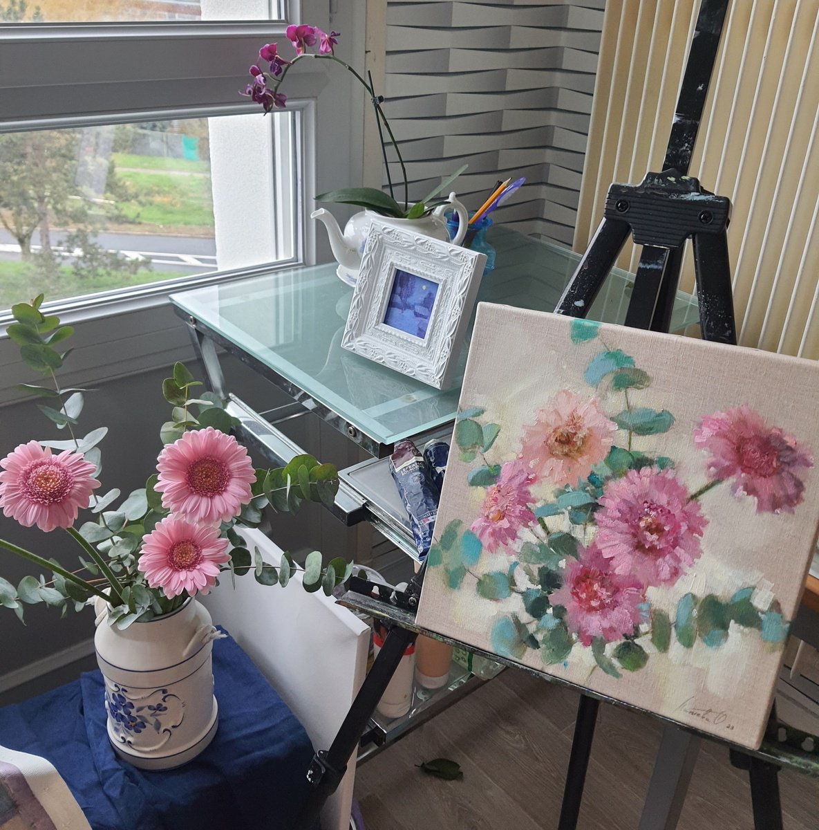 Botanical Oil Painting By Olha Laptieva, 12 X 12", Pink Gerberas, Original Artwork