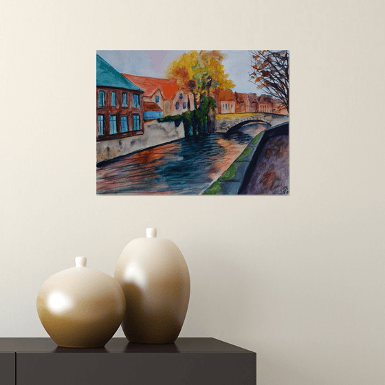 Bruges watercolour painting, Brugge cityscape wall art, Belgium