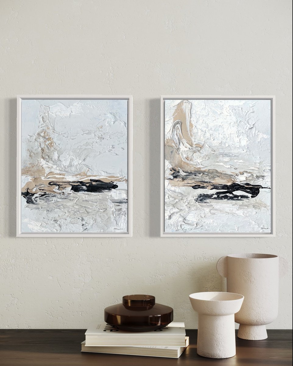 Hidden Light - 2 Paintings- Black, Sand & White By Daniela Pasqualini, 36 X 22, Artwork For Sale On Artfinder