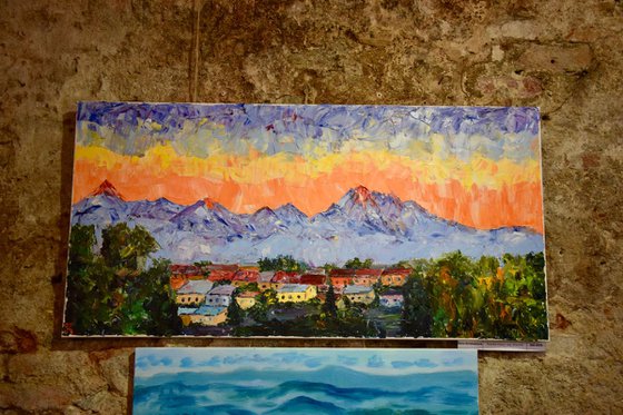 Original large oil painting Sunset in mountains High Tatras, Slovakia