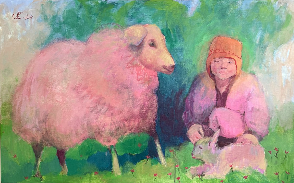 Impressionistic Animal Acrylic Painting By Ksenia Kozhakhanova, 31 X 20", "On The Lawn", Original Artwork