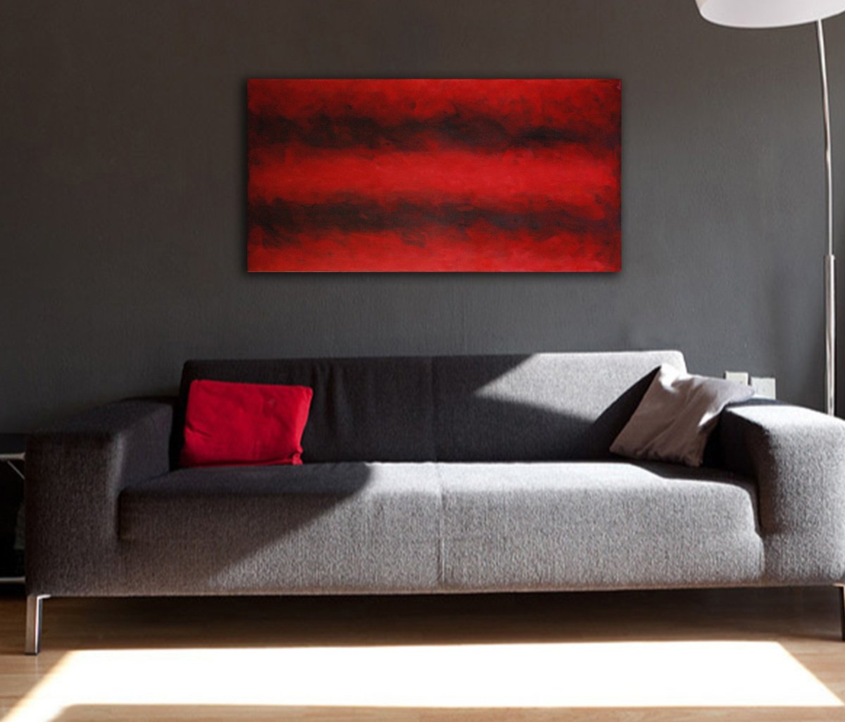 Abstract Acrylic Painting By Rumen Spasov, 28 X 55", "Deeping Red", Original Artwork