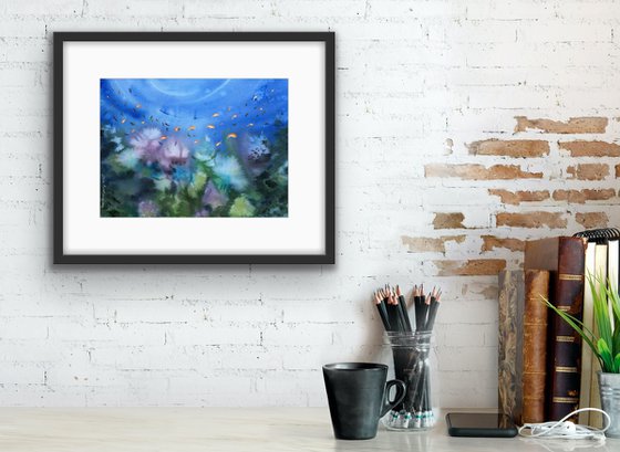 Coral reef original watercolor painting with blue ocean and coral, small goldfishes, decor for bedroom, gift for him