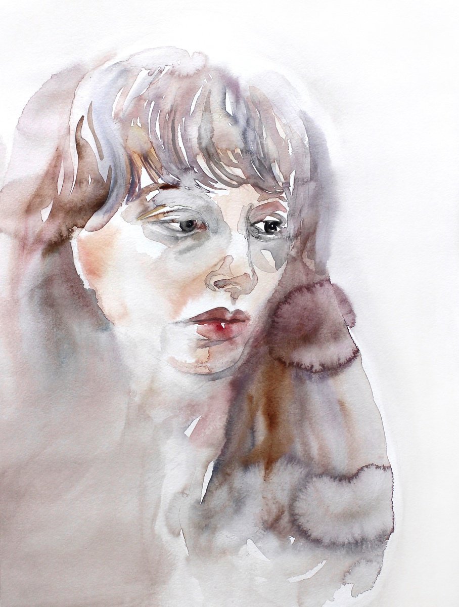 Expressive Portrait Watercolour By Elizabeth Becker, 18 X 24, Loss, Original Artwork