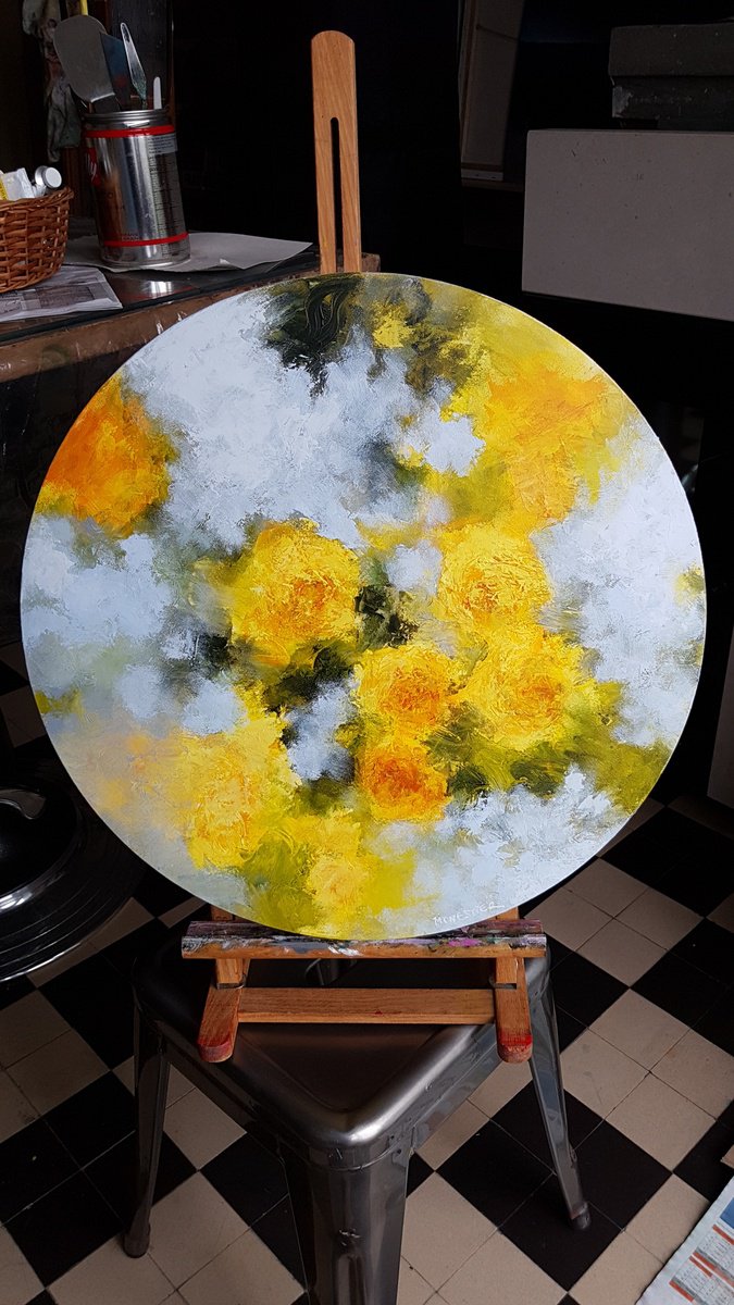 Impressionistic Botanical Oil Painting By Fabienne Monestier, 20 X 20, Floral Tondo With Yellow Roses, Original Artwork