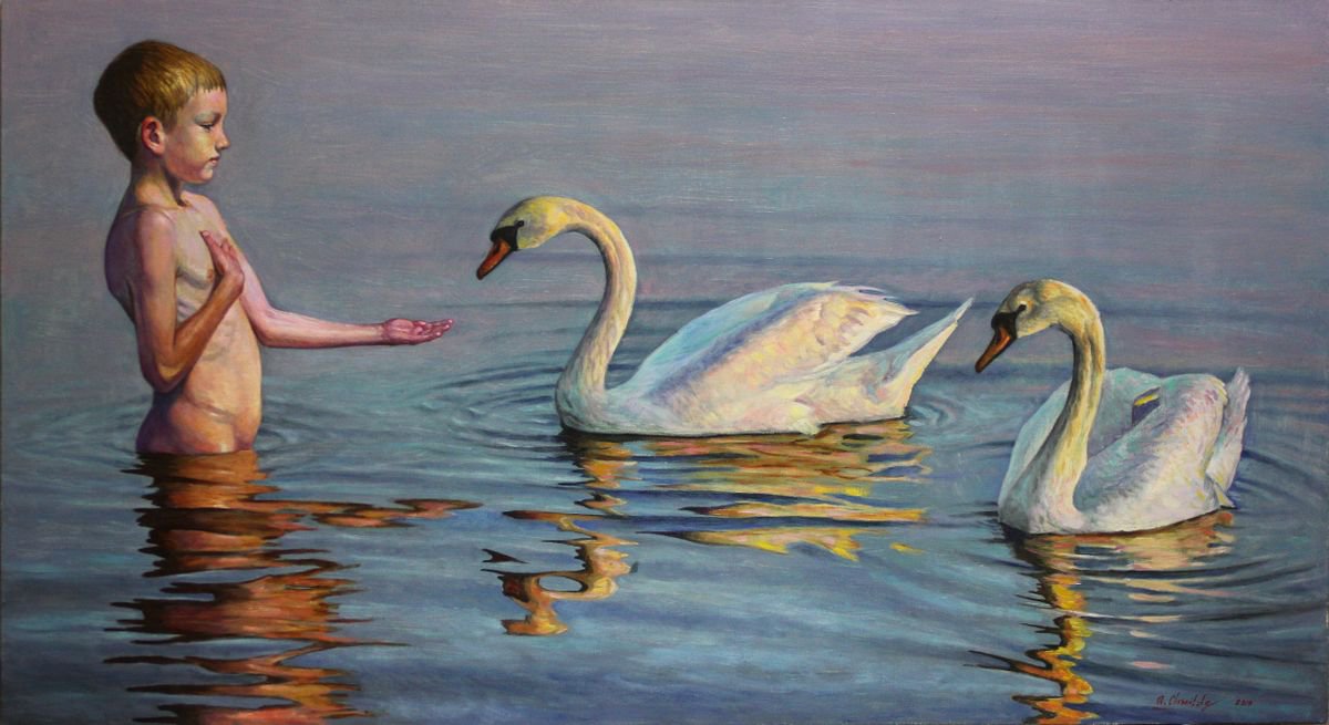 Child and swans by Alexander Chernitsky
