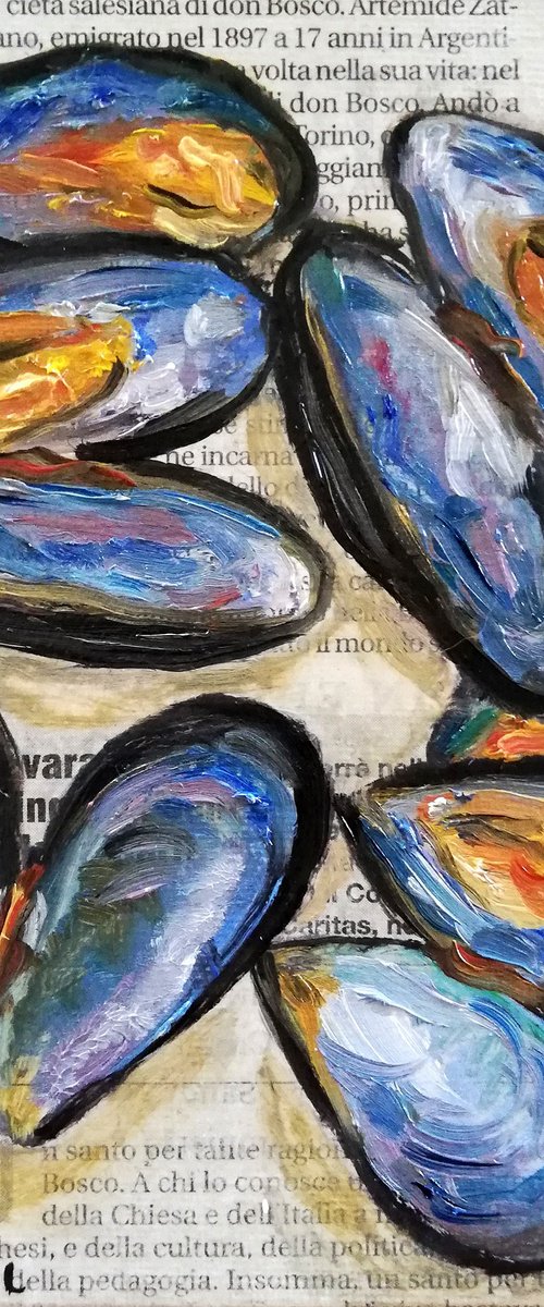 "Mussels on Newspaper" by Katia Ricci