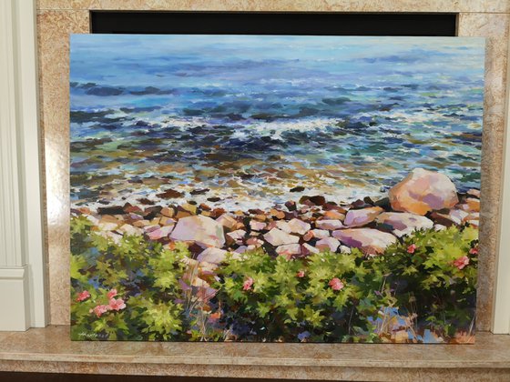 "Rose bushes by the shoreline", original one of a kind acrylic on canvas impressionistic painting (30x40")